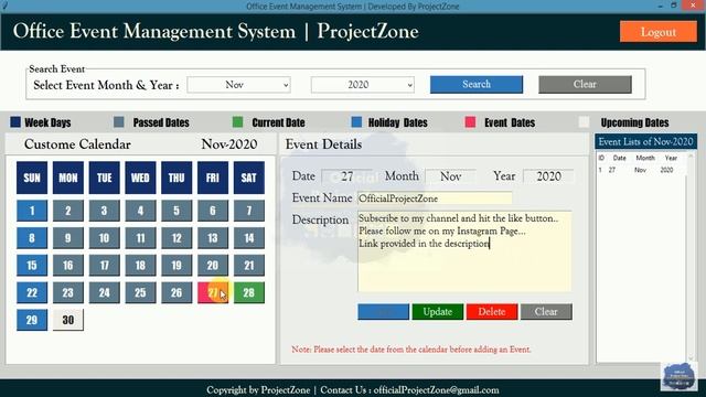 Event Management System python project | GUI Custom Calendar | ProjectZone