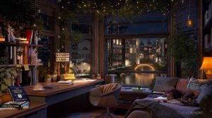 Amsterdam Study Room Ambience with Water Canal View and Relaxing Gentle Light Rain Sounds