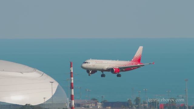 Эйрбас А320 авиакомпании “Россия” приземляется в аэропорту Сочи.