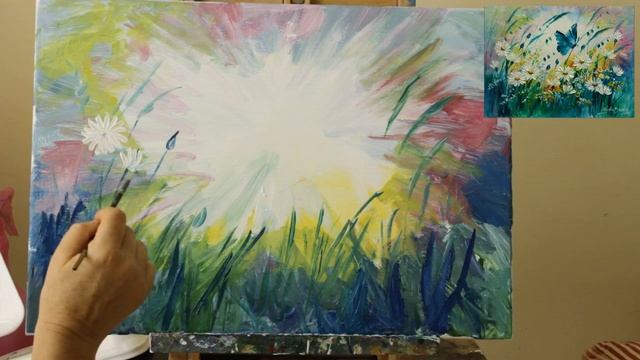 Как нарисовать полевые цветы, ромашки и бабочку. Картина акрилом смотреть онлайн