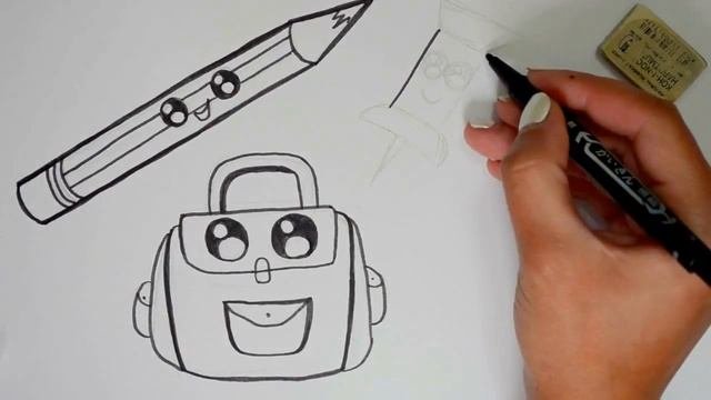 Как рисовать школьные принадлежности с милыми лицами. Рисуем карандаш, портфель, скрепку