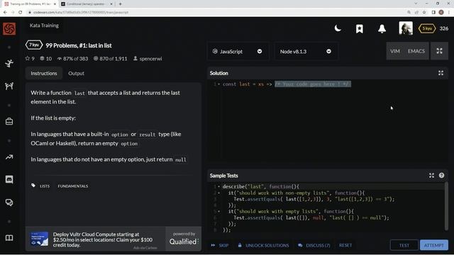 Codewars 7 kyu 99 Problems, #1: Last in List JavaScript