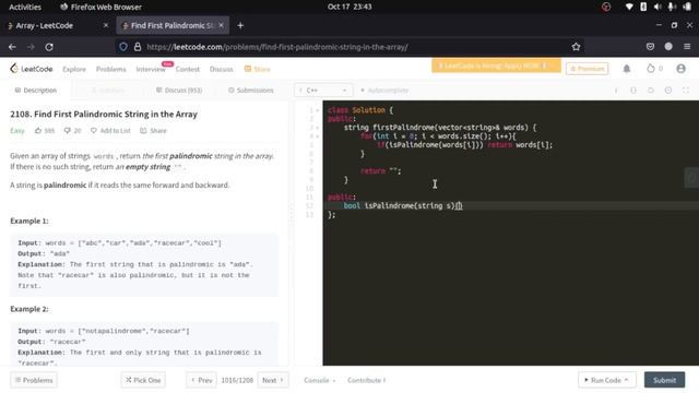 LeetCode 2108 : Find First Palindromic String in the Array | Solution in C++
