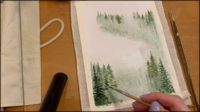 Рисунок акварелью. Туманный лес.