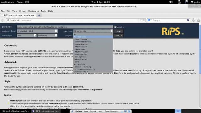 Using PHP code analyser RIPS to analyse a Wordpress plugin