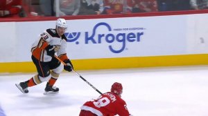 Detroit Red Wings Lindstrom sends Anaheim's Steel into orbit.