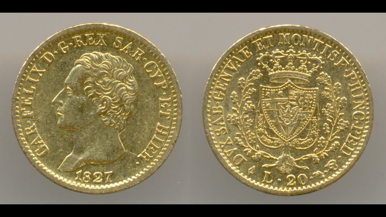Нумизматика. Золотая монета. Сардиния, 20 лир 1827 года.  Choice Uncirculated.