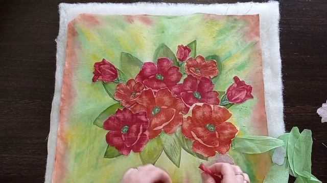 Картина из лоскутов ткани.Текстильный квилт.Арт полотно из ткани. Пэчворк из лоскутов и красок.