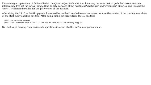 Ubuntu: Subversion 1.8.8 doesn't work with Java svn libraries смотреть онлайн