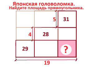 Японская головоломка. Найти площадь прямоугольника, ичпоользуя данные чертежа