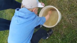 Мальчик ловит рыбу в ведре.