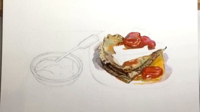 Как нарисовать блины с вареньем акварелью