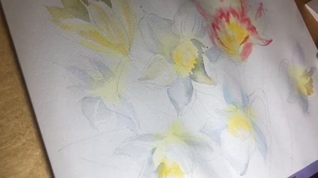 Урок рисования. Весенний букет. Нарциссы, тюльпаны. Акварель. Часть 1. смотреть онлайн