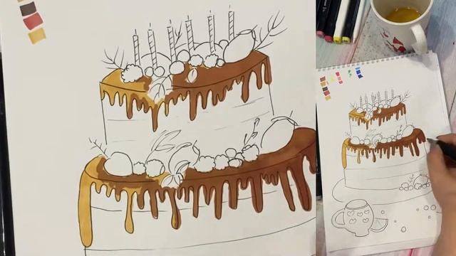 Торт на день рождения.Рисуем маркерами для скетчинга.