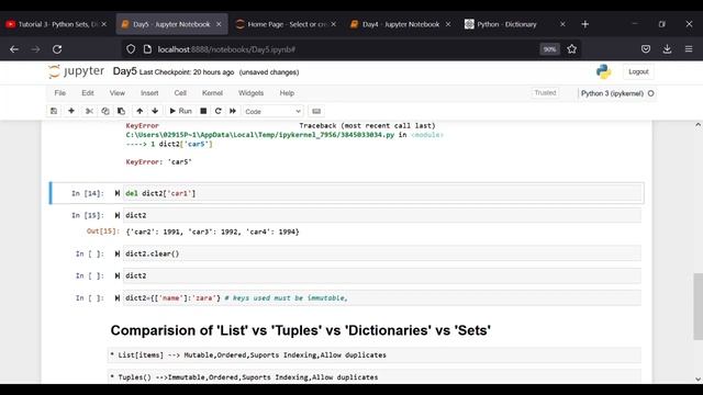 Python Tutorial 6   Dictionaries , comparison of List vs Tuples vs Dictionaries vs Sets