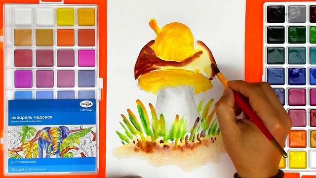 Рисунок АКВАРЕЛЬЮ для детей - Как нарисовать ГРИБОК осенью смотреть онлайн