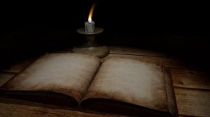 Старинная книга на столе, горит свеча. Футаж