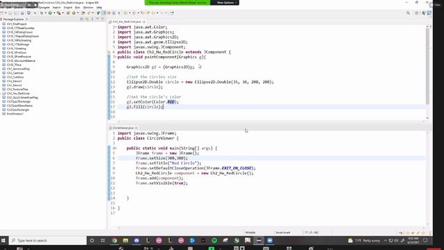 java, use object, Ellispse2D.Double class draw a red circle смотреть онлайн