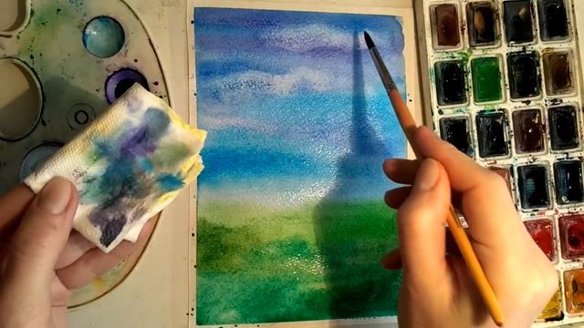 Рисование пейзажа в технике по-мокрому, для начинающих. Обучающее видео. смотреть онлайн