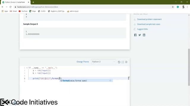 3. Python Division || Python || Hacker Rank || Code Initiative