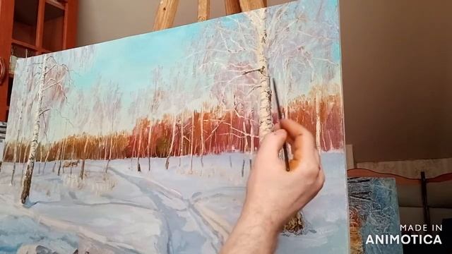 березы. красота зимней природы. живопись маслом