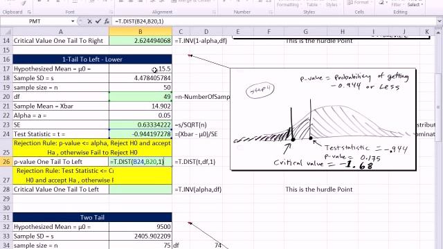 Excel 2010 Statistics 85: T Functions Hypothesis Testing for p-value & Critical Values 11 Examples смотреть онлайн