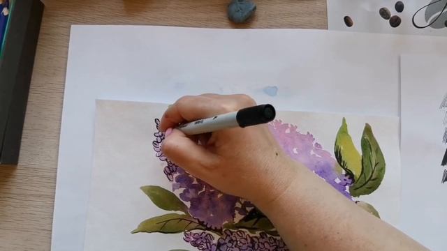 Сирень. Акварель + маркеры. Скетч.