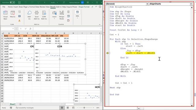 How to align charts in a grid in excel using vba