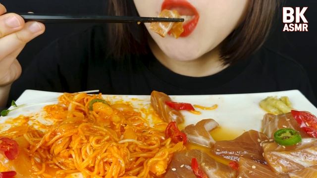 ASMR SOY SAUCE SALMON + SPICY NOODLES *RECIPE 연어장과 매콤한 국수먹방 醤油鮭 (EATING SOUNDS)MUKBANG REAL SOUNDS