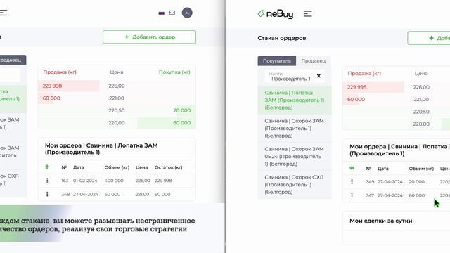 Демонстрационный ролик о работе стаканов ордеров на трейдинговой B2B платформе ReBuy