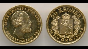 Нумизматика. Золотая монета. Норвегия, 20 крон 1886 года.