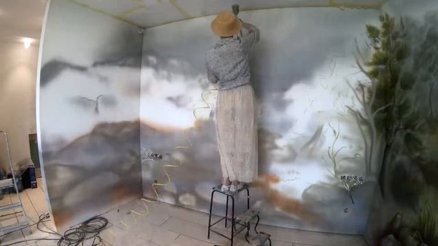 Роспись стен в спальне "Водопад" Аэрография. ЖК Бусов Хилл смотреть онлайн