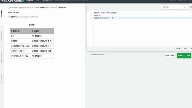 Hackerrank SQL Solution #23 Basic SQL - Revising Aggregations - The Sum Function