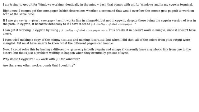 Trying to get git's core.pager to work on both mingw and cygwin смотреть онлайн