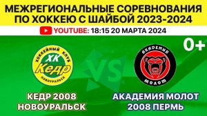 Межрегиональные соревнования по хоккею Кедр-2008 Новоуральск-Академия Молот-2008 Пермь. 20.03.2024