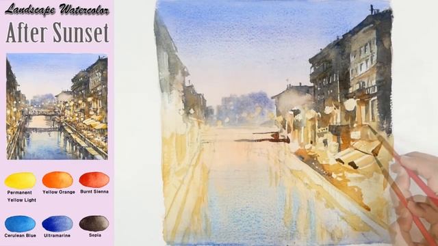 After sunset - Drawing landscape watercolor.(wet-in-wet. Fabriano rough) NAMIL ART смотреть онлайн