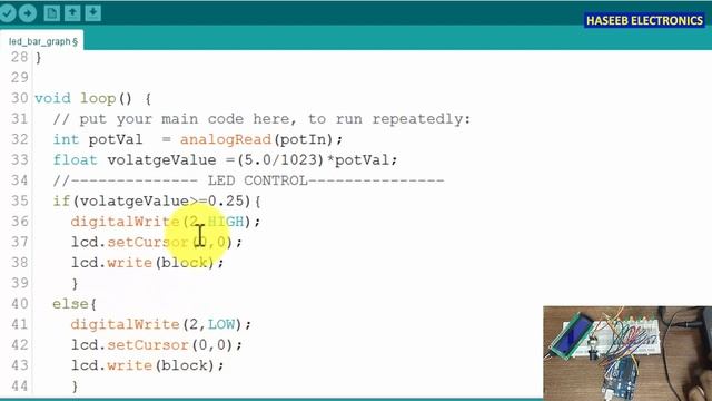 {722} LCD & LED Bar Graph Arduino Uno Code Using if else