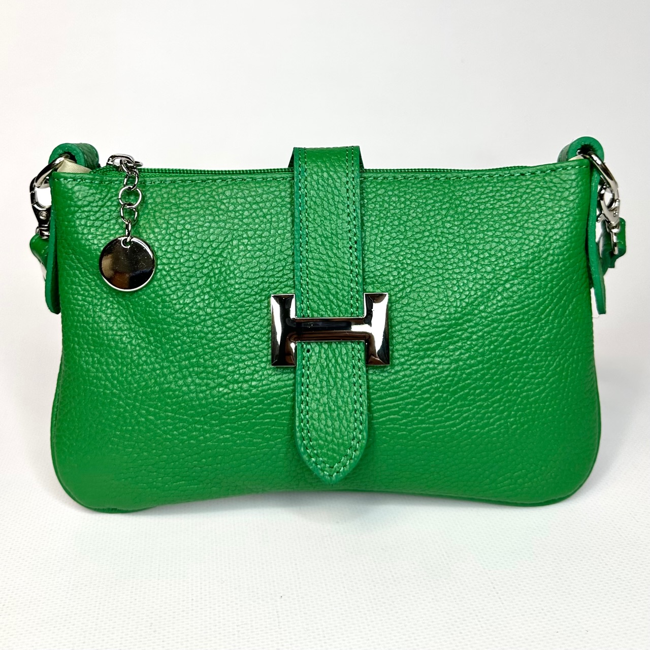 Женская наплечная сумочка кросс боди яркого насыщенного зеленого цвета vera pelle натуральная кожа