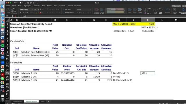 Linear Programming- Sensitivity Report- Shadow Price Interpretation (6b)