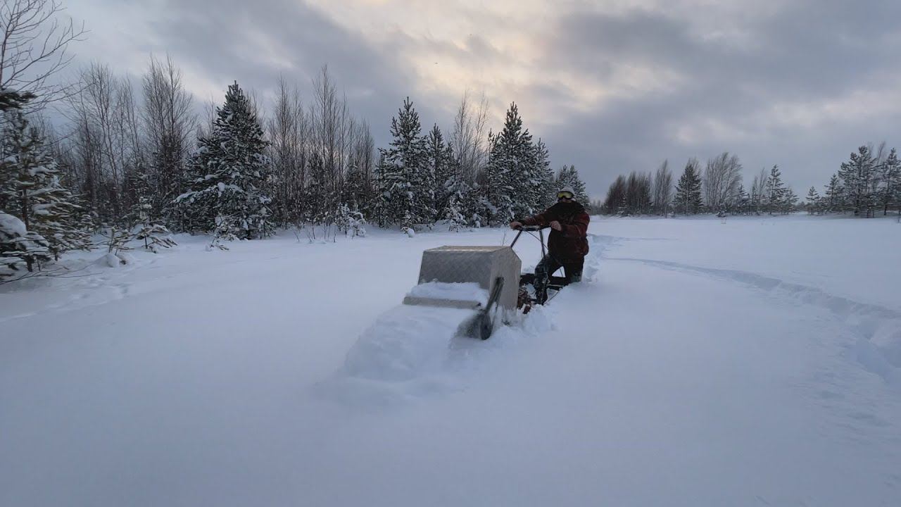 Тест/ мотобуксировщик с узкими волокушами/ глубина 70см.