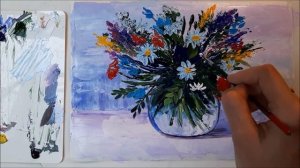 РИСУЕМ БУКЕТ ПОЛЕВЫХ ЦВЕТОВ АКРИЛОМ -МАСТИХИНОМ ПОЭТАПНО//DRAW A BOUQUET WITH ACRYLIC