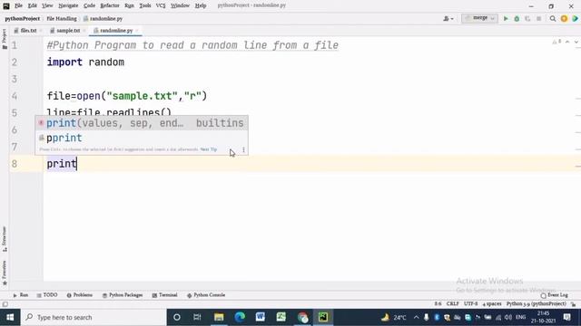 Data File Handling| Python Program to read a random line from a file| Class XII