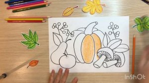 Осенний натюрморт рисунок. Осенний рисунок. Рисунок овощи и фрукты  Натюрморт грибы тыква