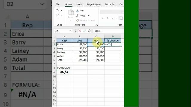 Calculate percentage change in Excel.