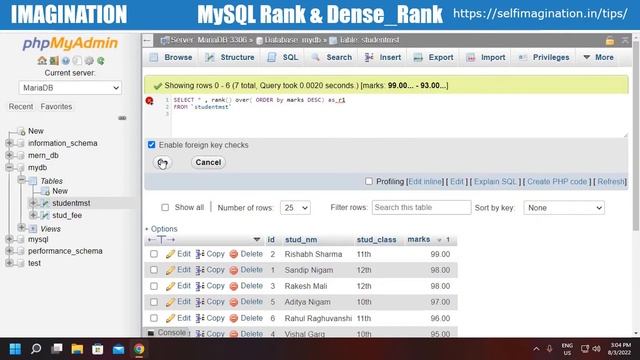MySQL Rank &  Dense Rank Window Funtction | Difference Between Rank & Dense Rank