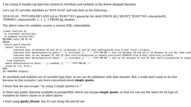 Databases: PostgreSQL : Prevent SQL Injection in pl/pgsql function смотреть онлайн