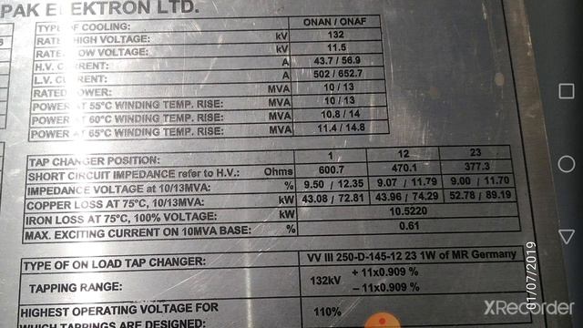 Power Transformer 132/11 kV 10/13 MVA PEL Pakistan Name plate