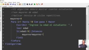 ? Algoritmo CANTIDAD  de estudiantes MAYORES de EDAD en PSeInt | Ingresar EDADES de 10 estudiantes