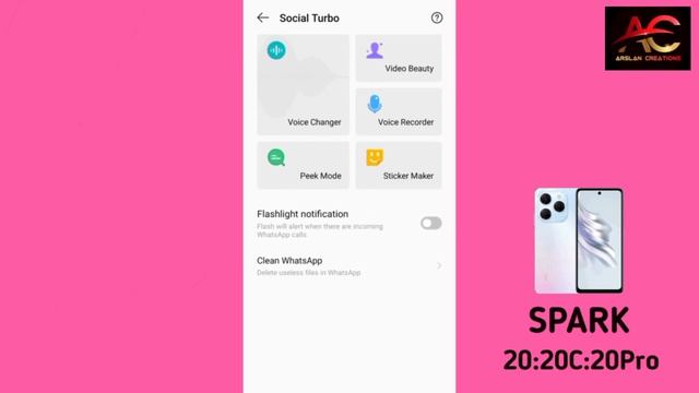 TECNO SPARK 20/20c/20Pro whatsapp flashlight setting