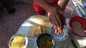 Сыр в картошке в кляре в казане на костре.